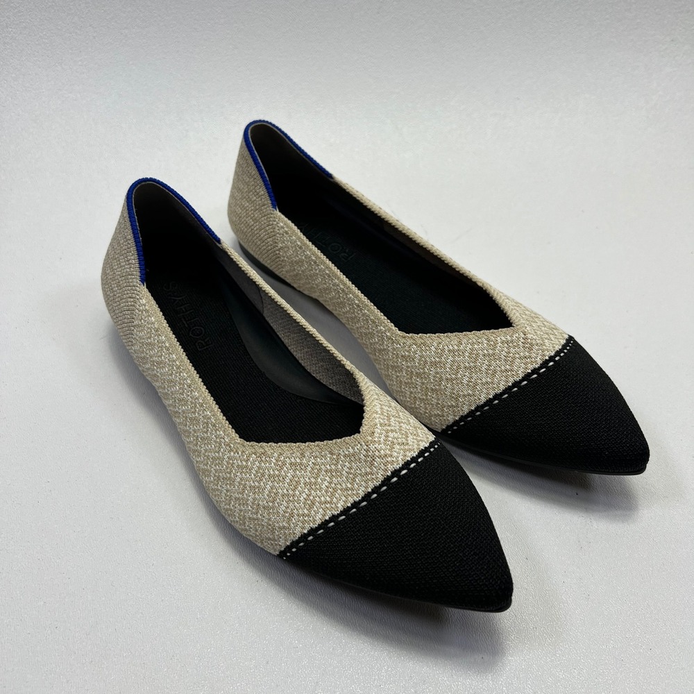 Rothys The Point Flats W6.5 Cream Herringbone Black Cap Toe Ballet Knit Shoes